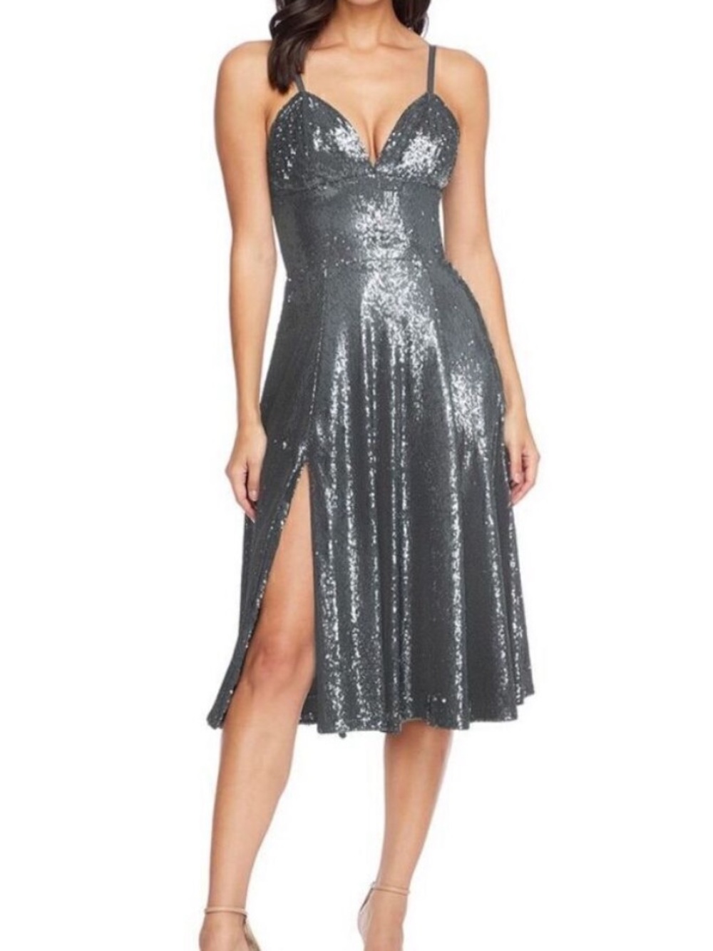 Disco Dress up Sparkle Sequin Spaghetti Strap Midi Dress Gunmetal / Dark Silver